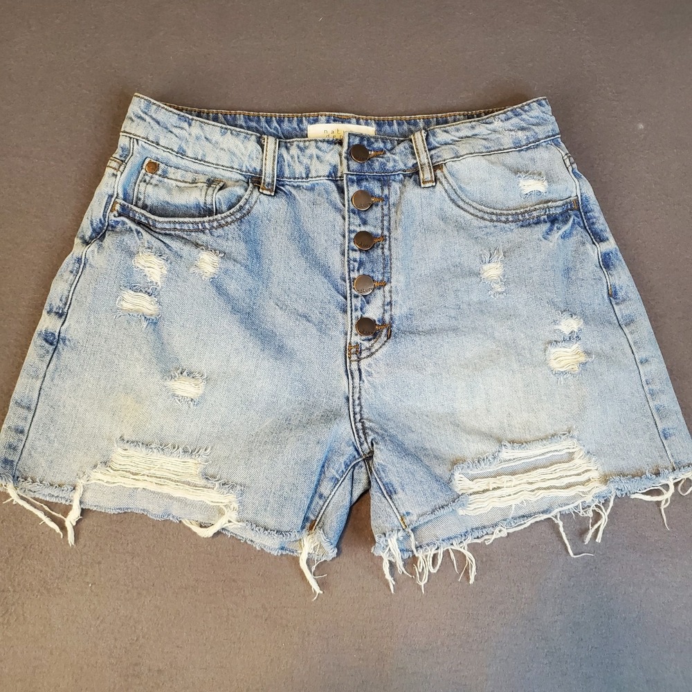Nature Denim High Waist Denim Jean Shorts Size L Button Fly Distressed Cutoffs